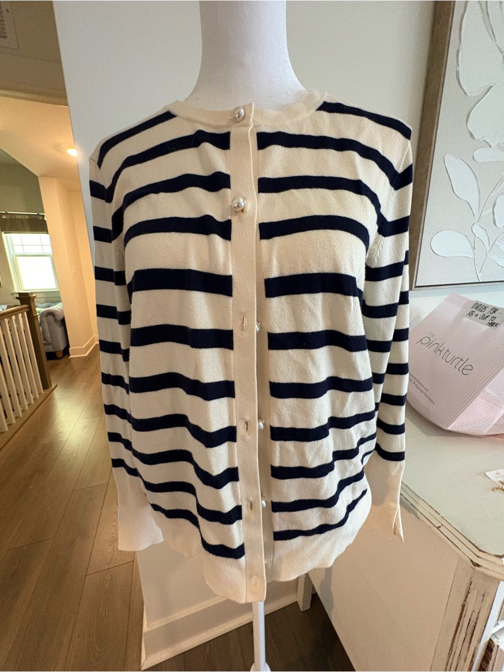 Zara Navy and Cream Striped Button-Front Cardigan